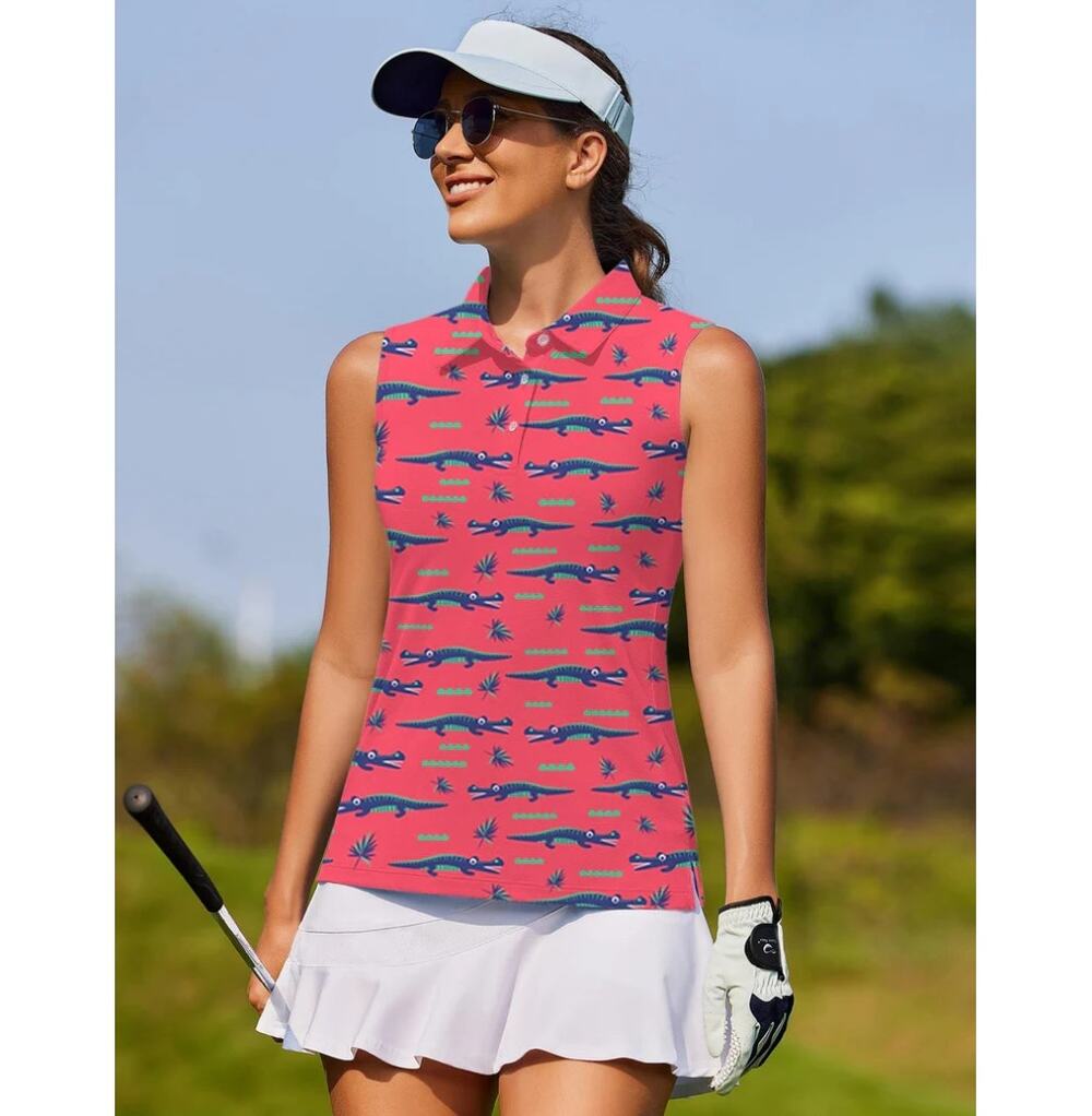 Golf Gentry Crocodile Top Womens XL Pink Blue Sleeveless Polo Golf Shirt Sporty